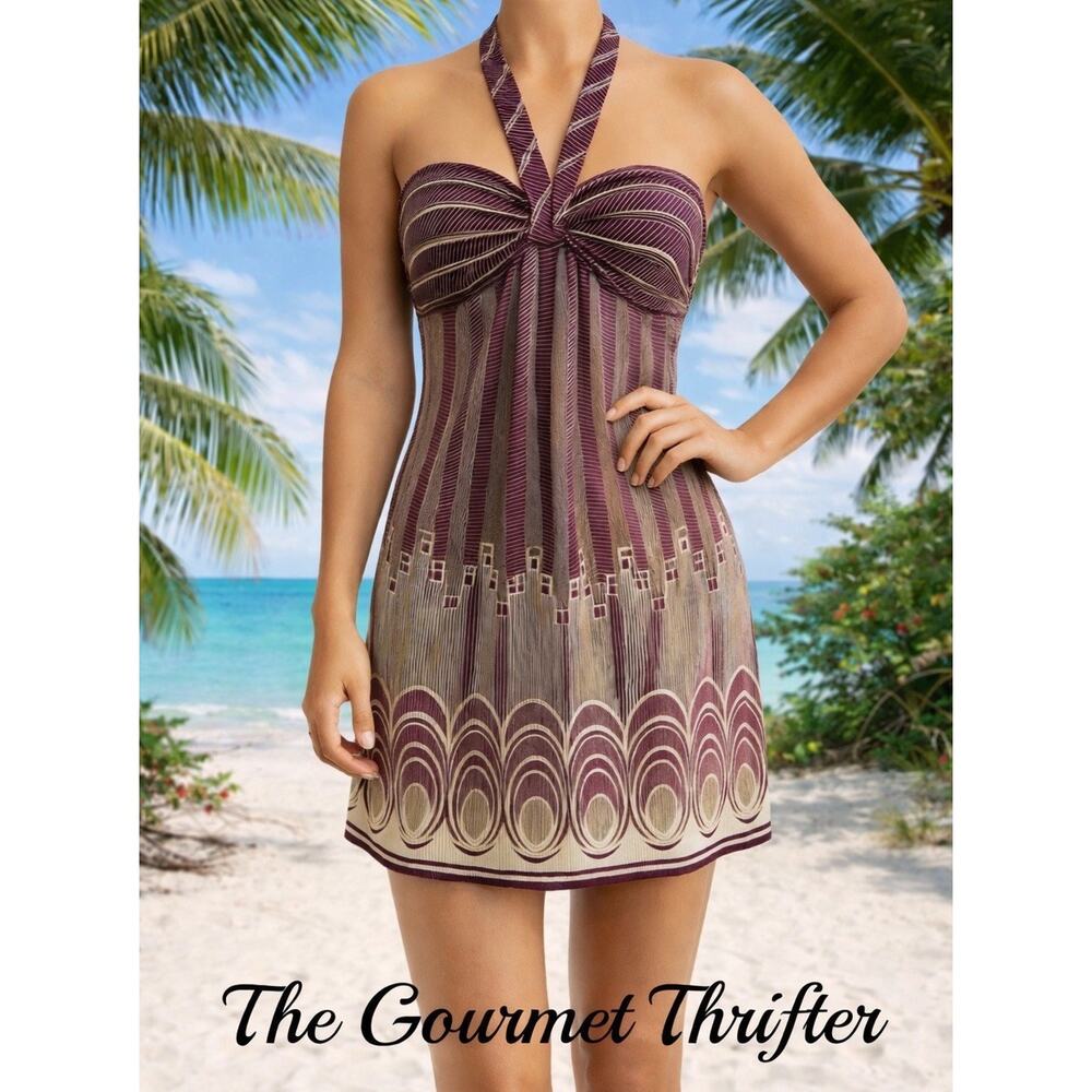 BCBG MAXAZRIA Halter Mini Dress Geometric Art Deco Vintage Party Wear Sz XXS